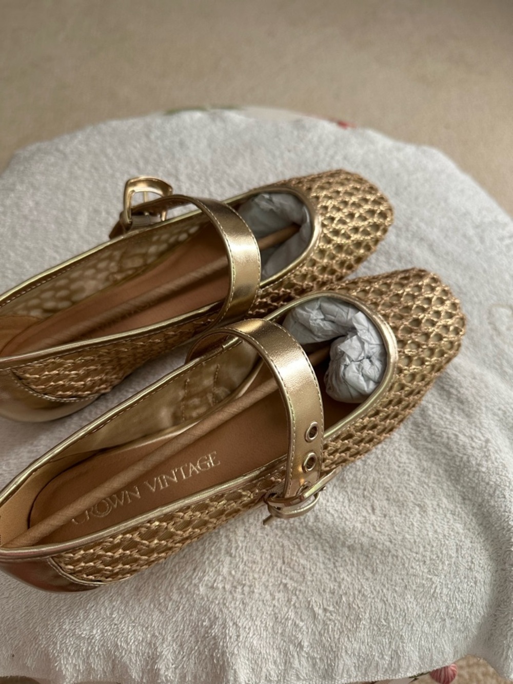 Crown Vintage Metallic Gold Woven Mary Jane Flats.  New!